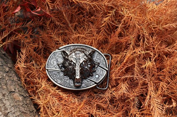 Fivela de cinto de faca escondida de padrão de cabeça de lobo de estilo rock ao ar livre