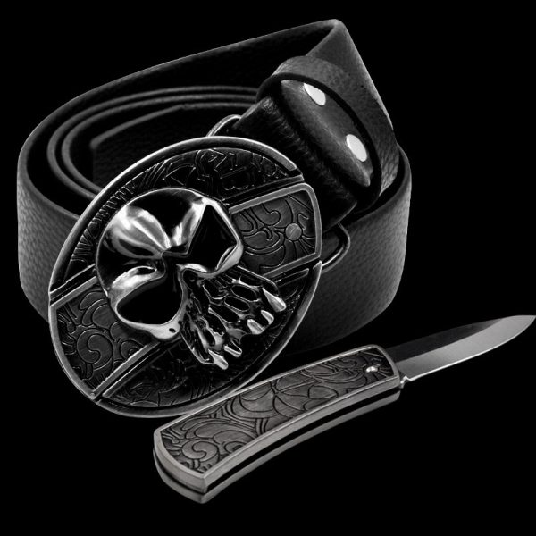 Fivela de cinto de caveira de esqueleto fantasma cowboy ocidental com faca